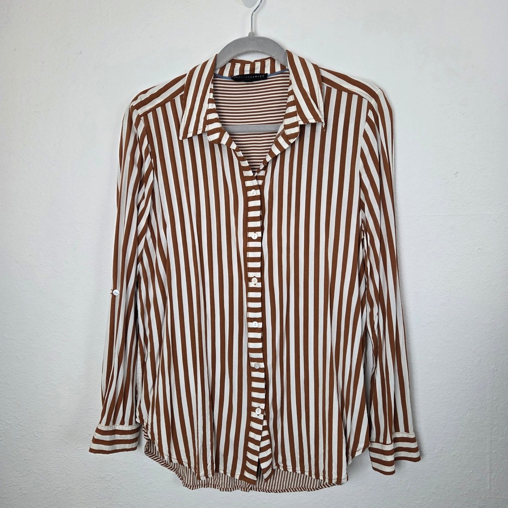 Jane Delancey Brown White Striped Button Up Blouse Women Large Long Sleeve Rayon